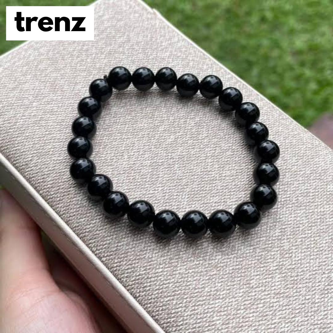 Black Natural Stone Beads Elastic Bracelet for Men - Stylish and Comfortable