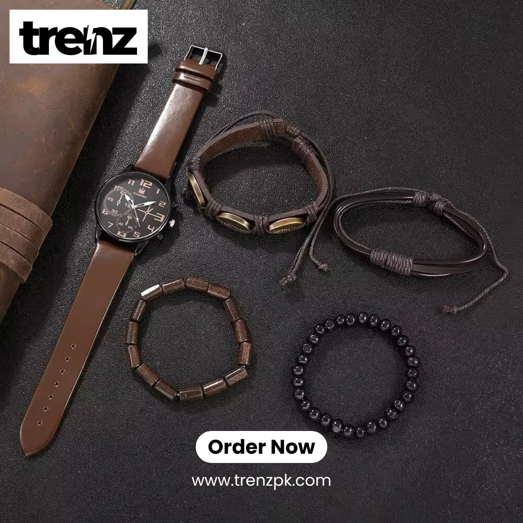 5PCS Set Casual Brown Leather Watch with Bracelets for Men
