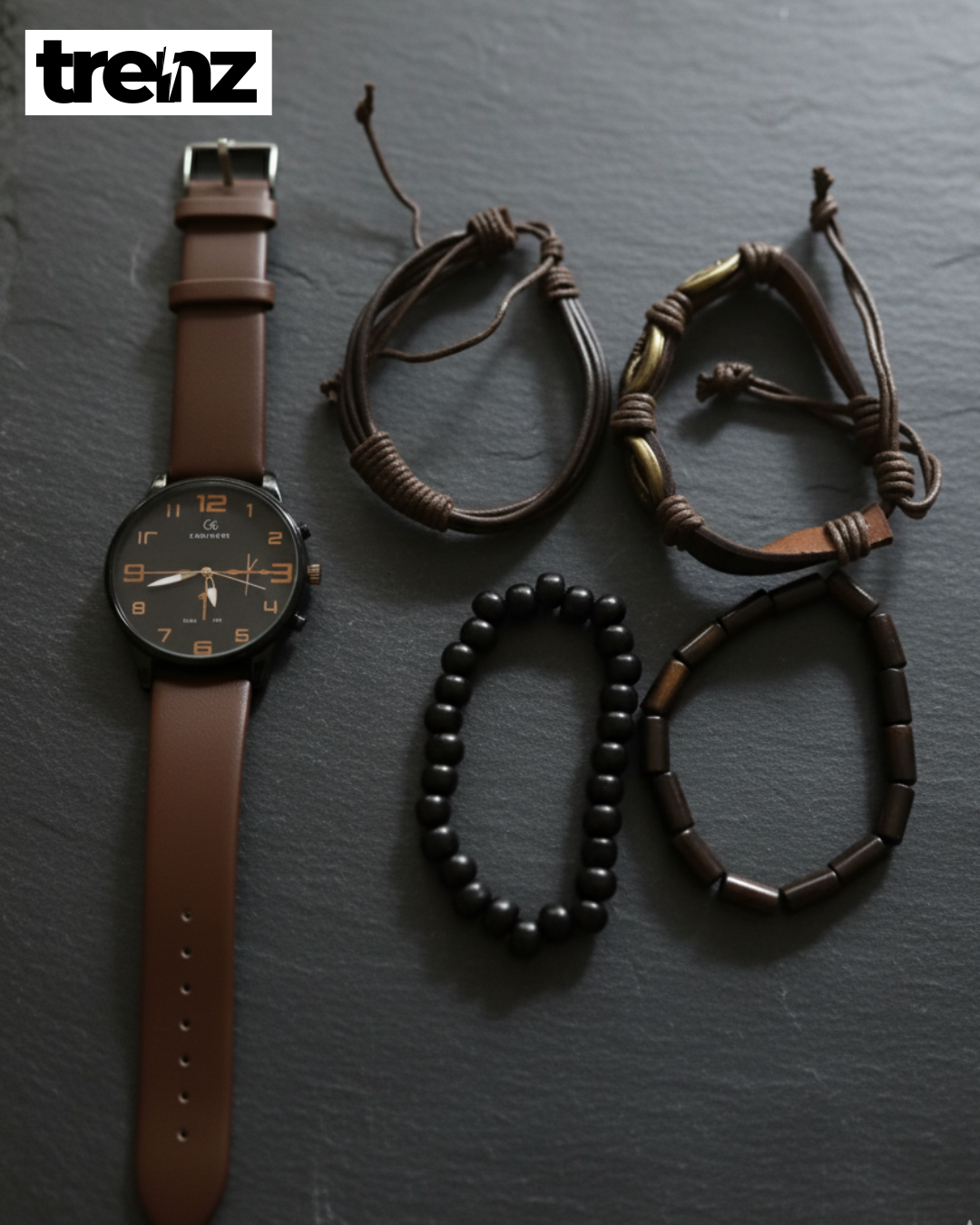 5PCS Set Casual Brown Leather Watch with Bracelets for Men