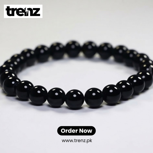 Black Natural Stone Beads Elastic Bracelet for Men - Stylish and Comfortable