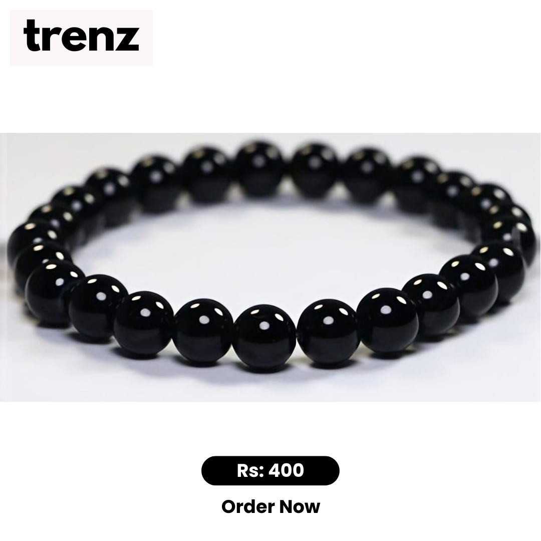 Black Natural Stone Beads Elastic Bracelet for Men - Stylish and Comfortable