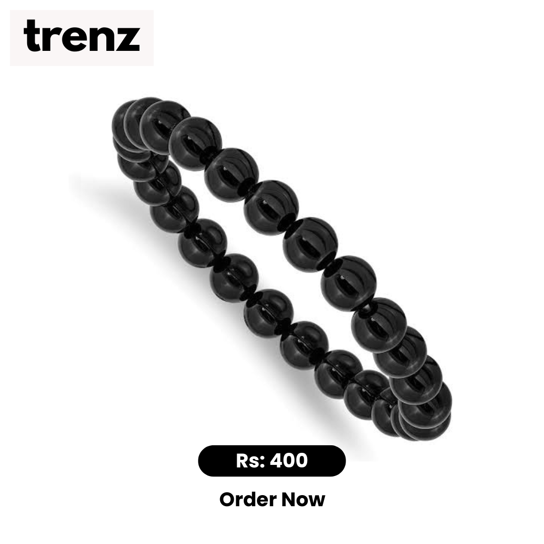 Black Natural Stone Beads Elastic Bracelet for Men - Stylish and Comfortable